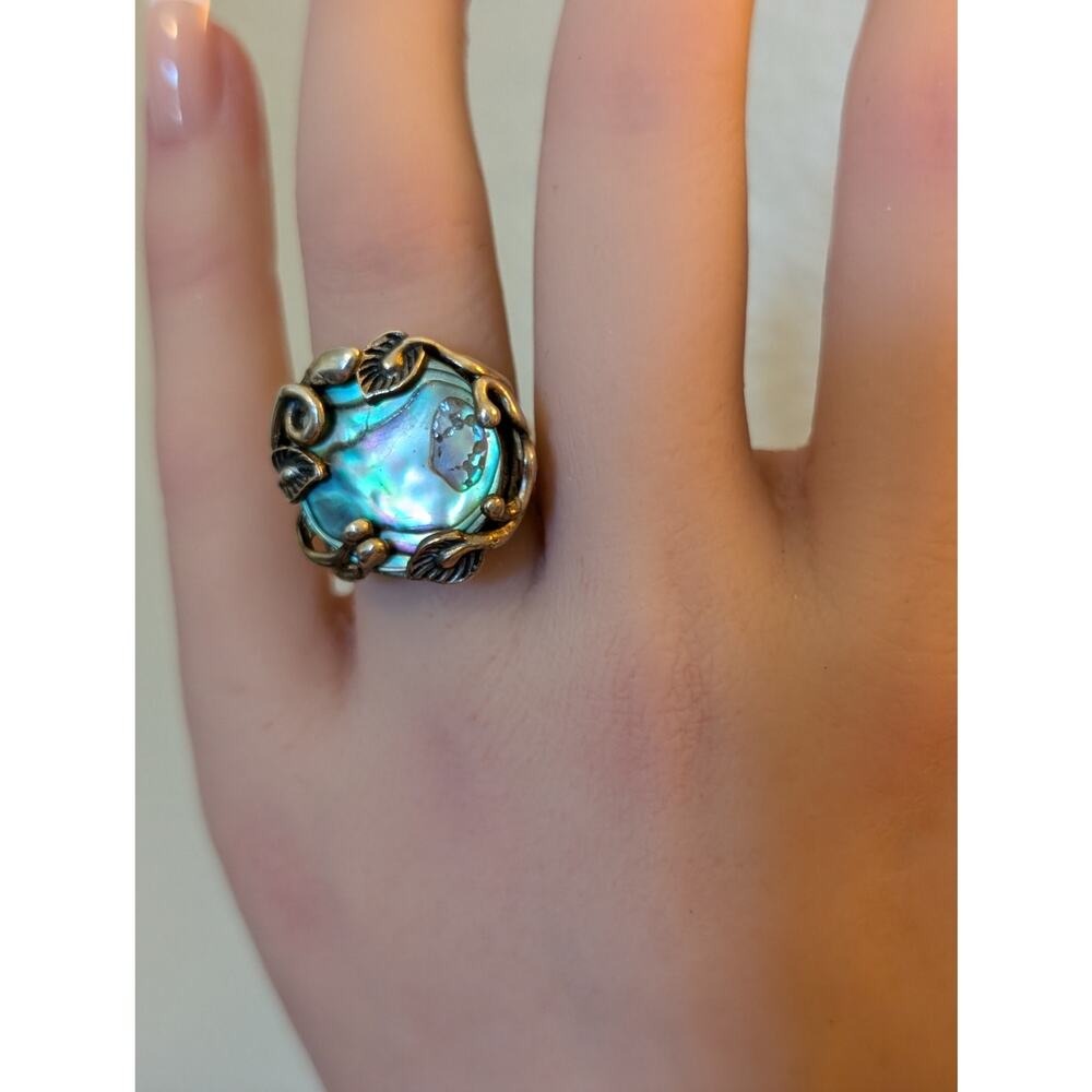 CFJ 925 Thailand Sterling Silver Abalone Shell Leave Vine Ring Sz 5.5